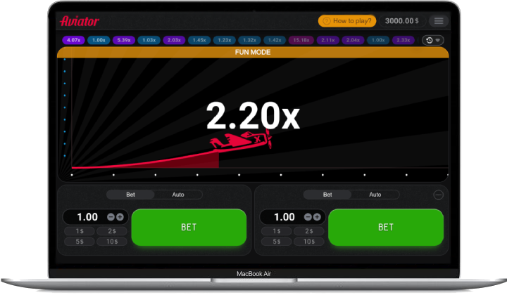 A laptop displays Aviator game with increasing multiplier and betting options